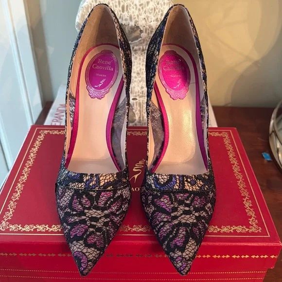 Rene Caovilla Fuxia Cobalt Lace Strass Shoes